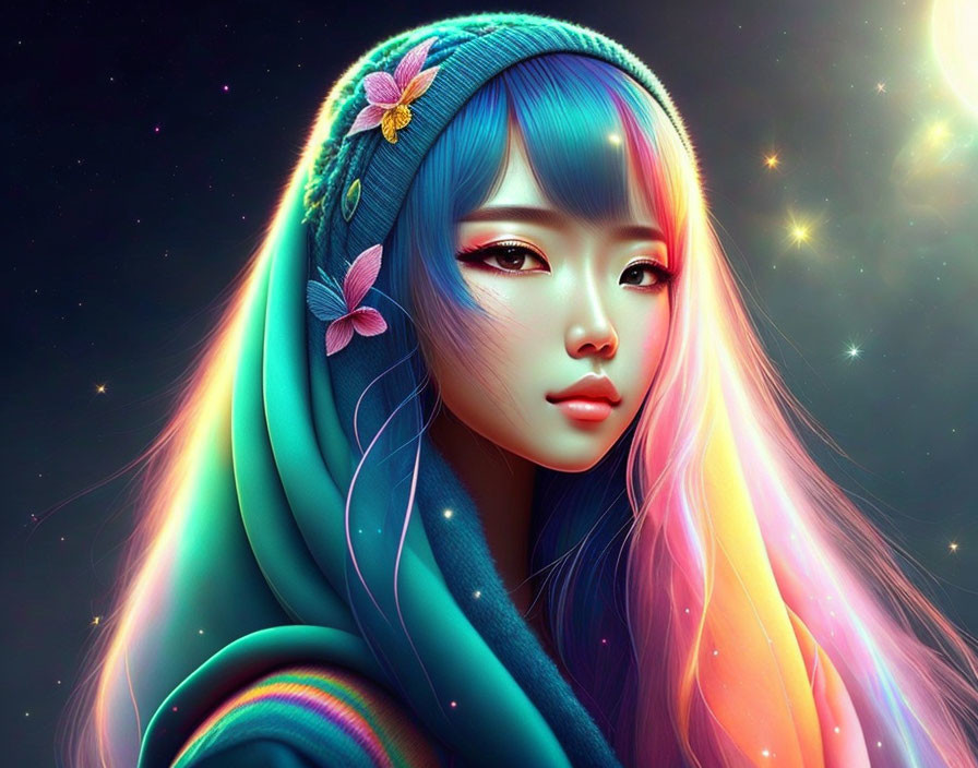 Colorful Hair Woman with Flowered Scarf & Radiant Aura