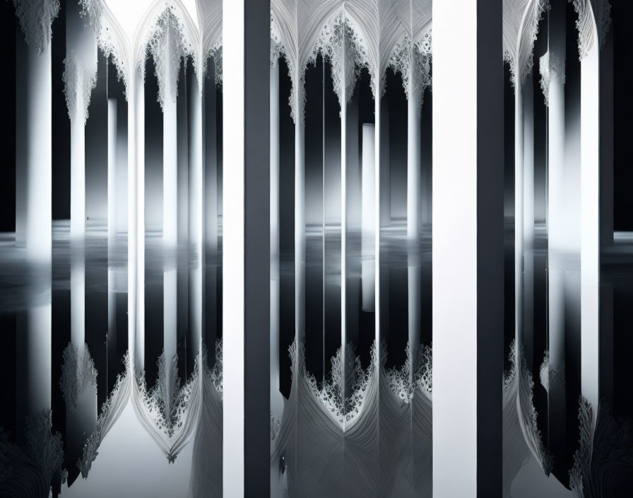 Symmetrical monochromatic image of ornate gothic arches reflected on glossy surface