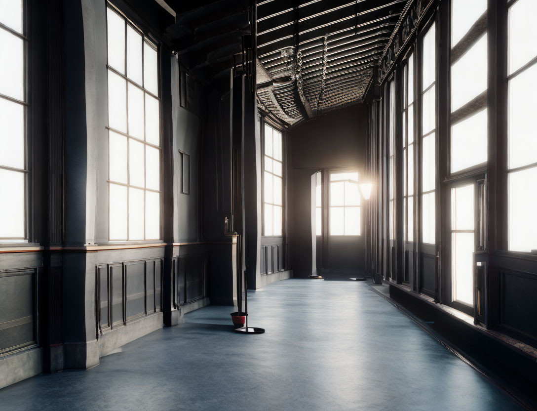 Empty Industrial-Style Hallway with Large Windows and High Ceiling