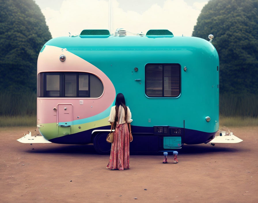 Woman in Striped Dress with Vintage Caravan in Grass Field