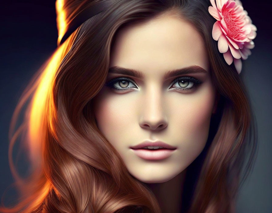 Digital portrait of woman with auburn hair, blue eyes, and pink flower.