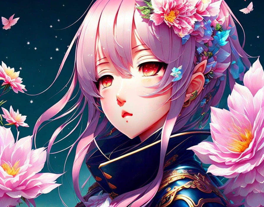 Pink-Haired Anime Girl with Flowers on Dark Starry Background