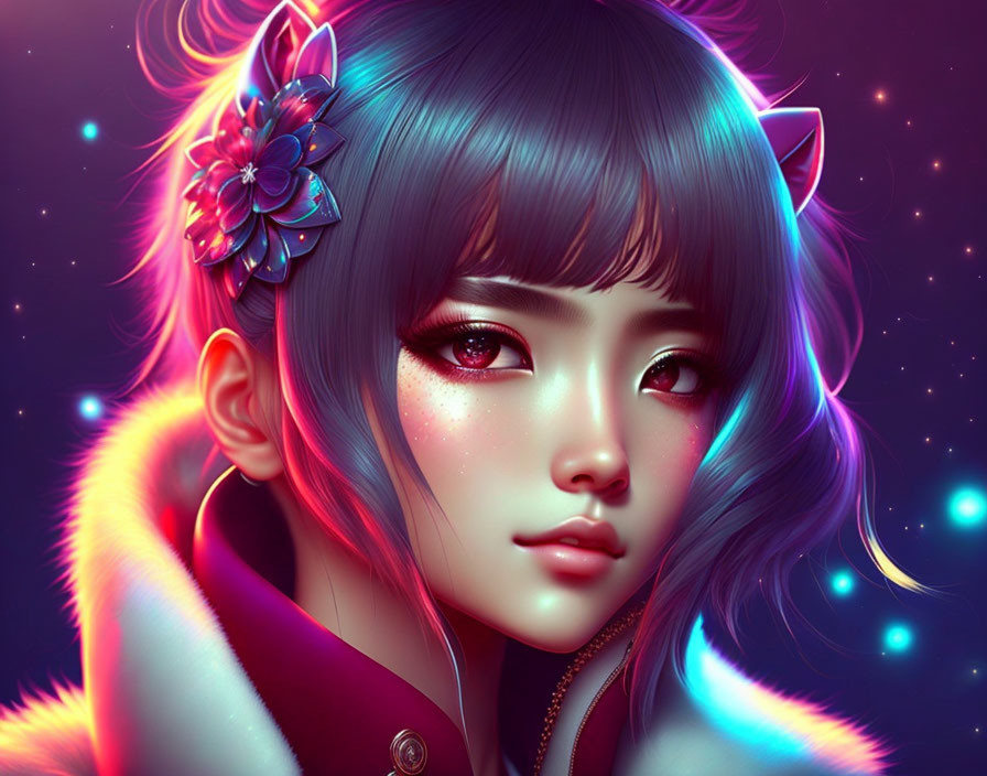 Fantasy portrait of a girl with sparkling eyes and neon accents