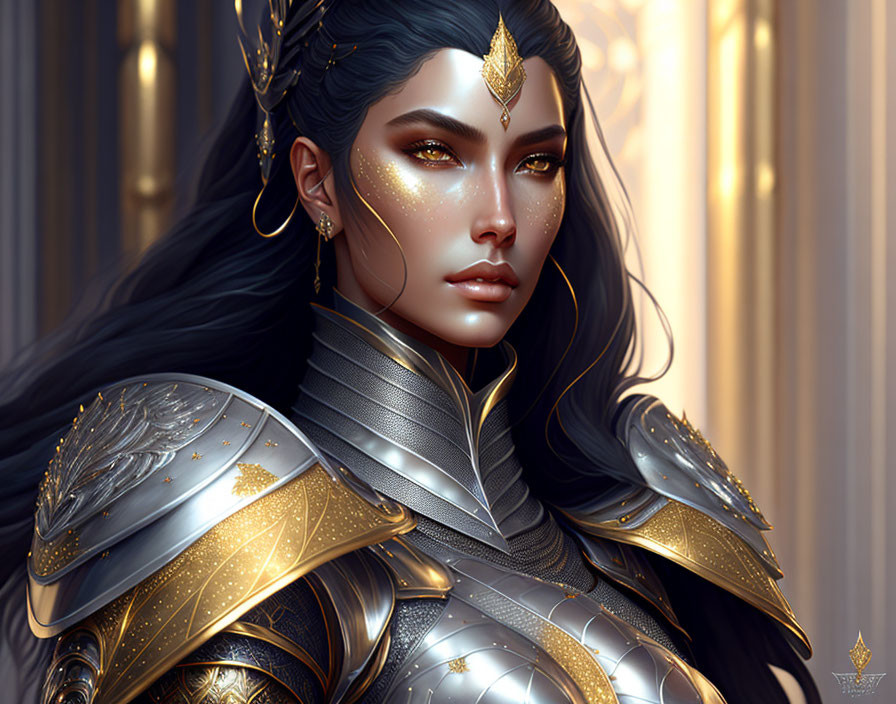 Illustrated female warrior in dark hair, golden tattoos, and detailed metallic armor against golden-lit backdrop