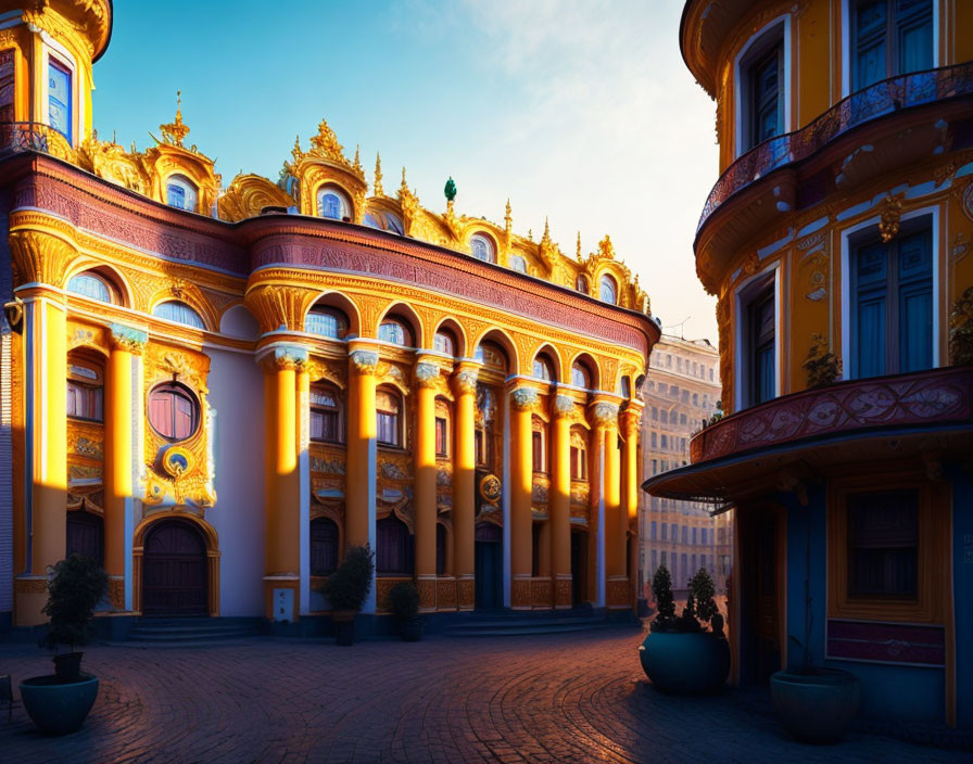 Golden-yellow Buildings with Classical Architecture at Sunset