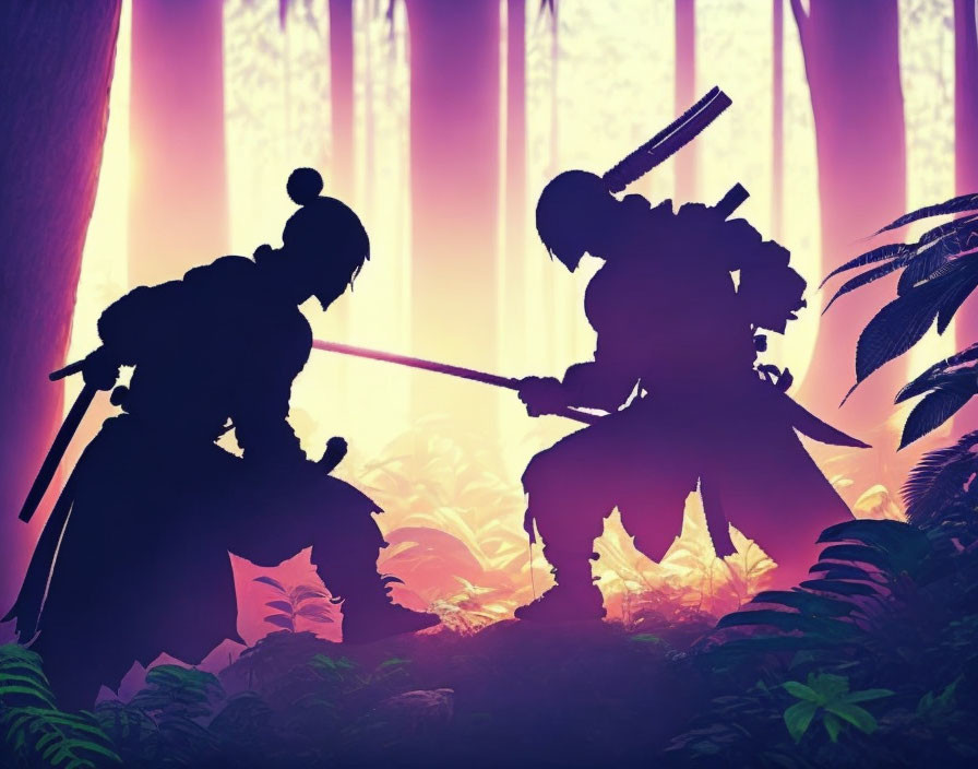 Silhouetted samurai figures duel in a pink and purple forest landscape