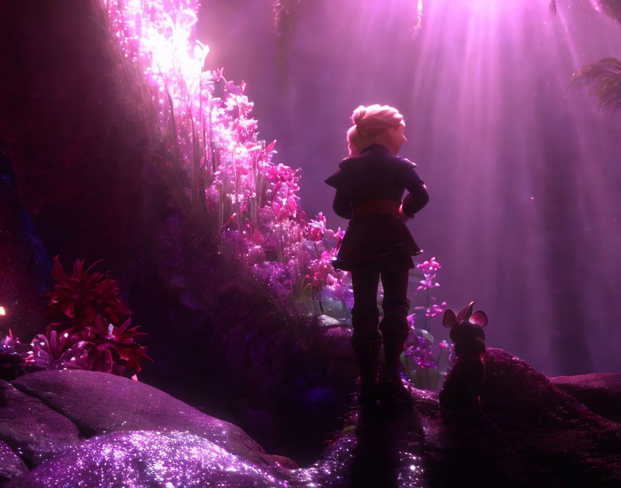 Medieval character and creature on rock, looking at mystical purple forest with light beams