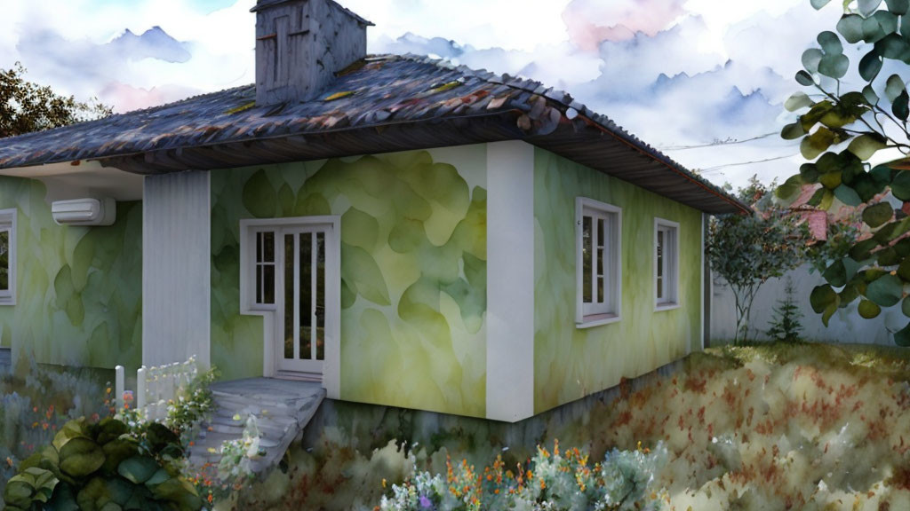 Charming green house with chimney and white windows in lush garden