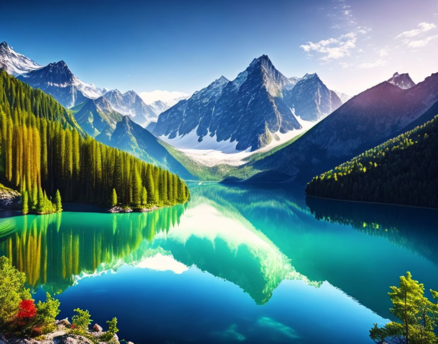 Tranquil mountain lake with lush forests and snow-capped peaks