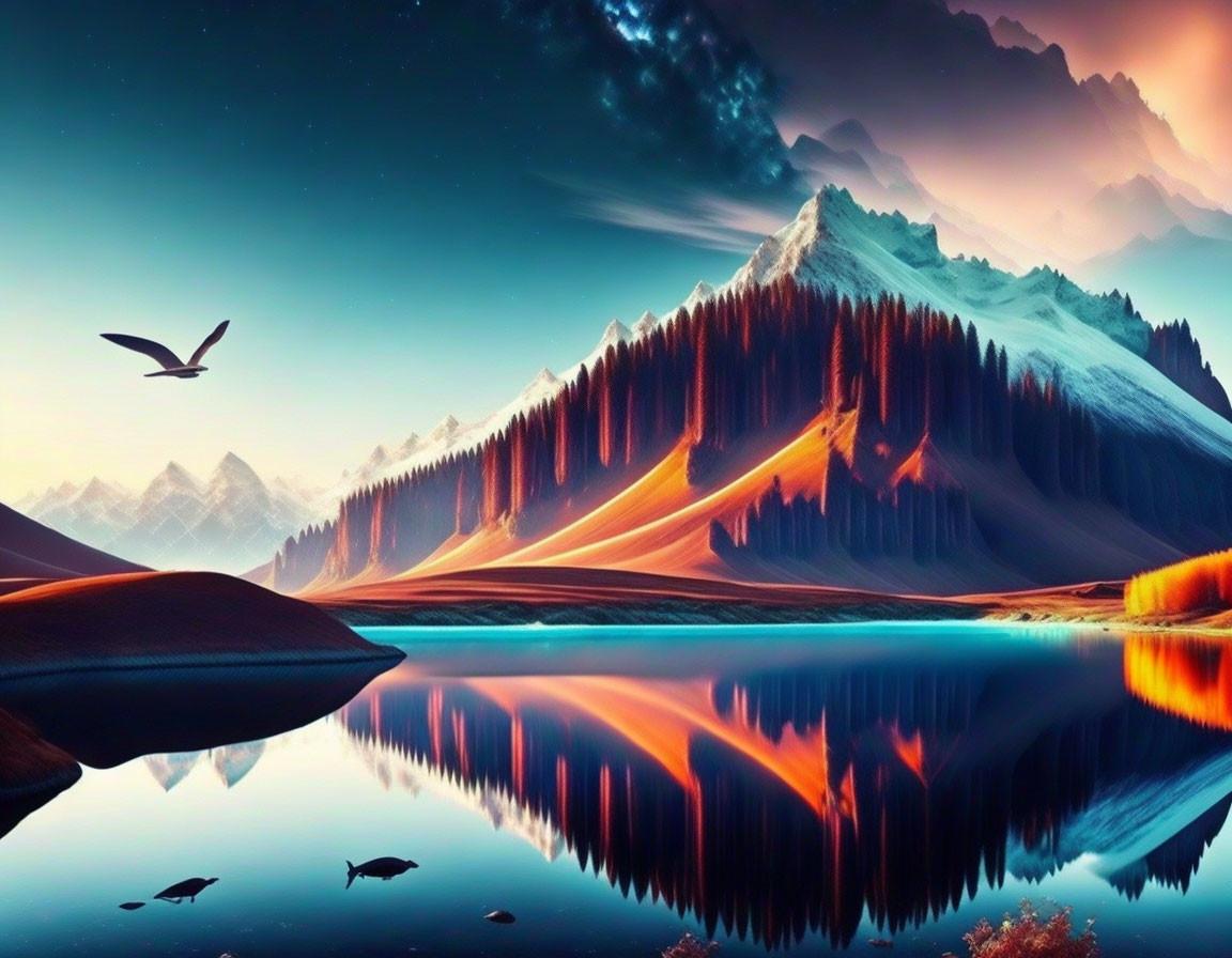 Snow-capped mountains and calm lake at twilight with vibrant colors and flying bird