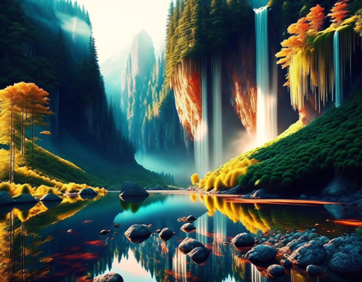 Scenic landscape with twin waterfalls, river, forests, and mountains at sunrise or sunset