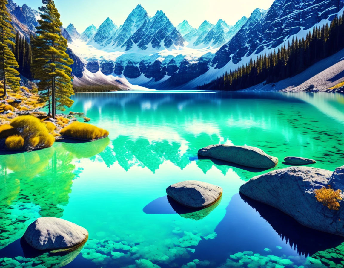 Turquoise Lake with Pine Trees, Snowy Peaks, and Stones