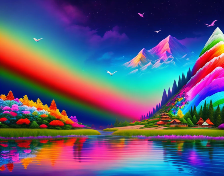 Colorful Fantasy Landscape with Birds, Lake, and Houses