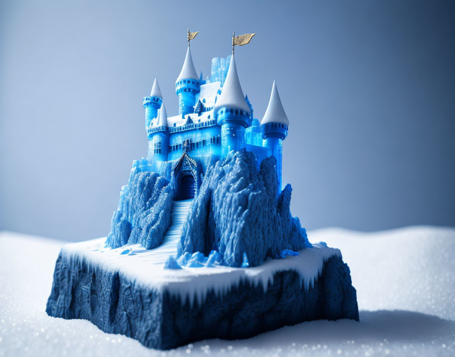 Miniature castle with blue towers and gold flags on snowy cliff