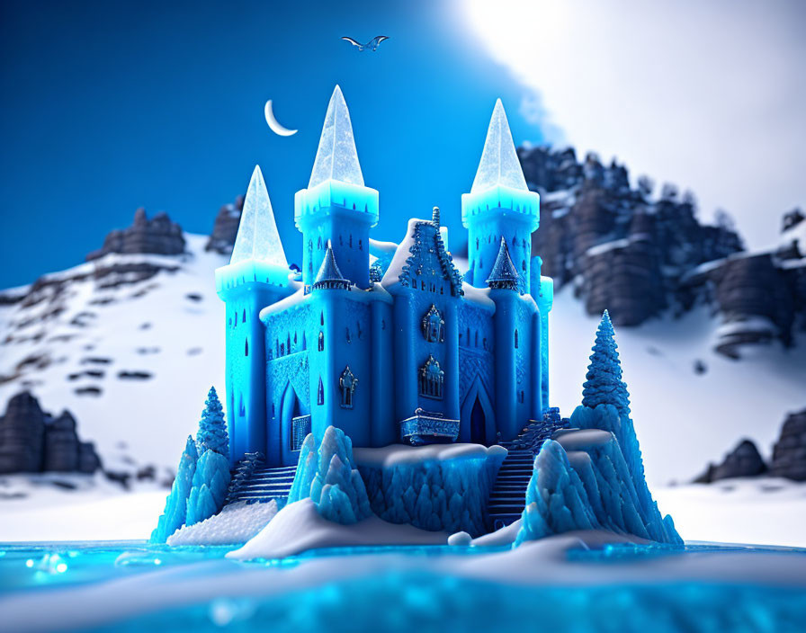 Fantastical ice castle with glowing blue walls in snowy landscape