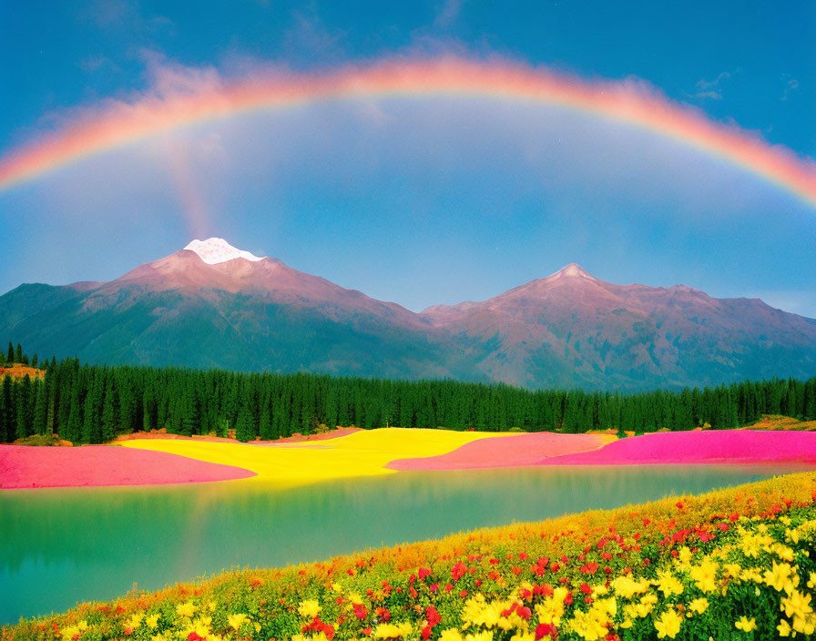 Colorful Landscape with Rainbow, Flower Fields, Lake, and Mountains