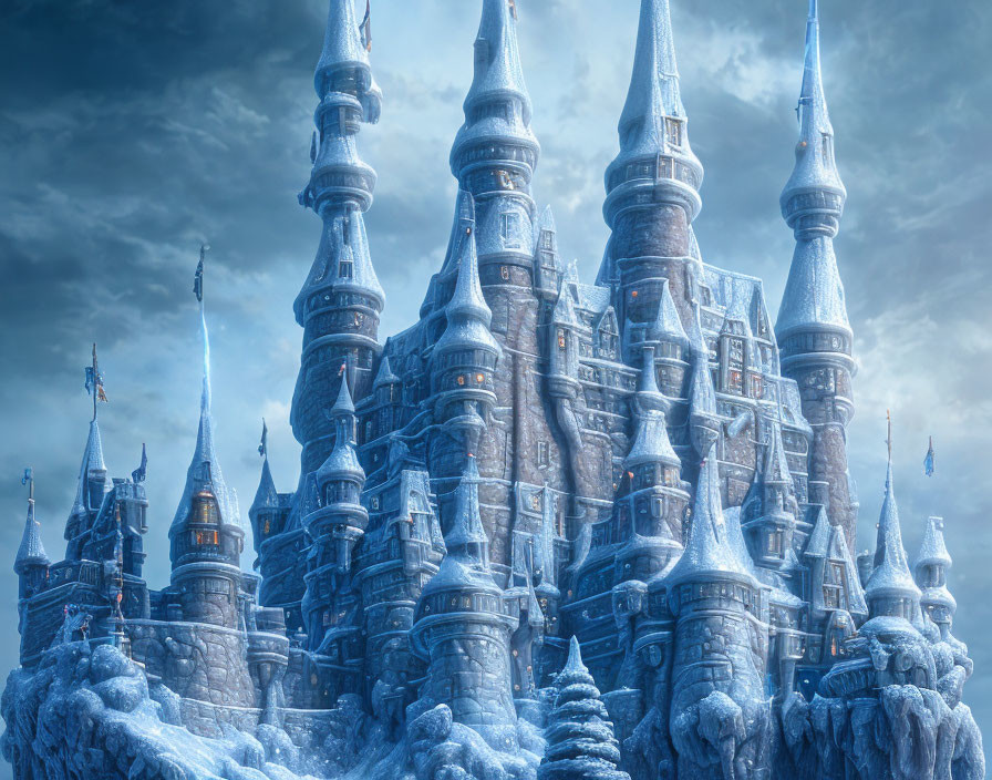 Snow-covered winter castle with spires under cloudy sky