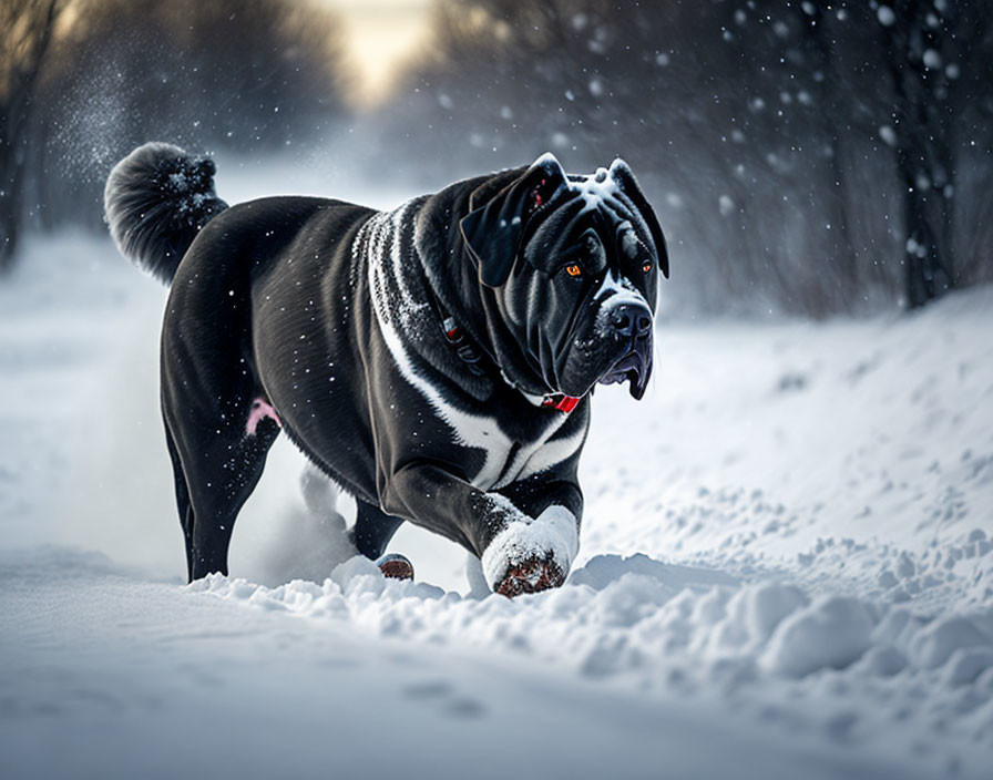 Black Dog Walking in Snowy Landscape with Snowflakes