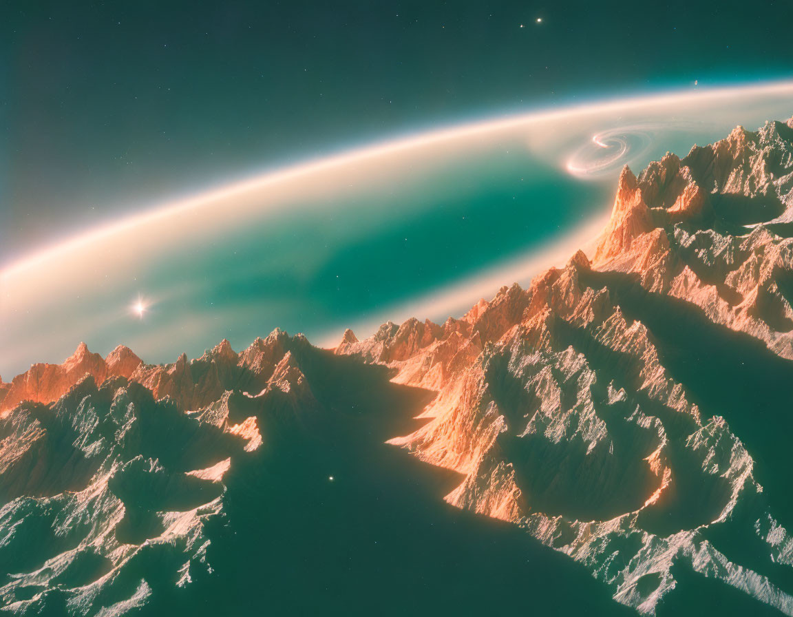 Snow-capped mountains under a sky with a large, glowing ringed planet and stars in surreal landscape