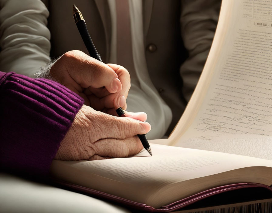 Businessperson signing document with black pen, visible suit sleeve and text snippet.