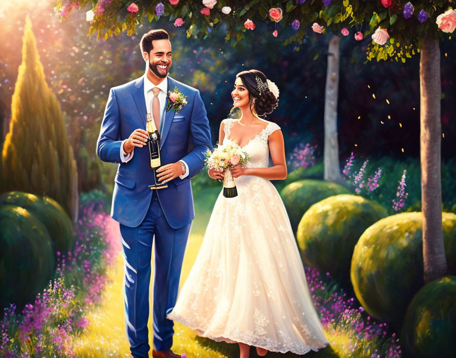 Wedding couple surrounded by lush greenery and flowers