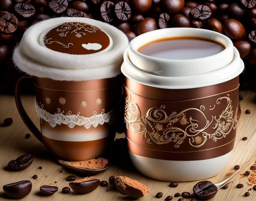 Ornate coffee cups with foam art and black coffee, surrounded by beans and chocolate on wooden backdrop