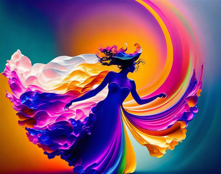 Colorful Abstract Digital Art: Female Figure in Flowing Dress