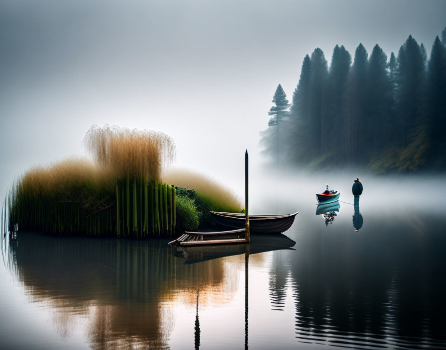 Misty lake with lone person in boat beside dock