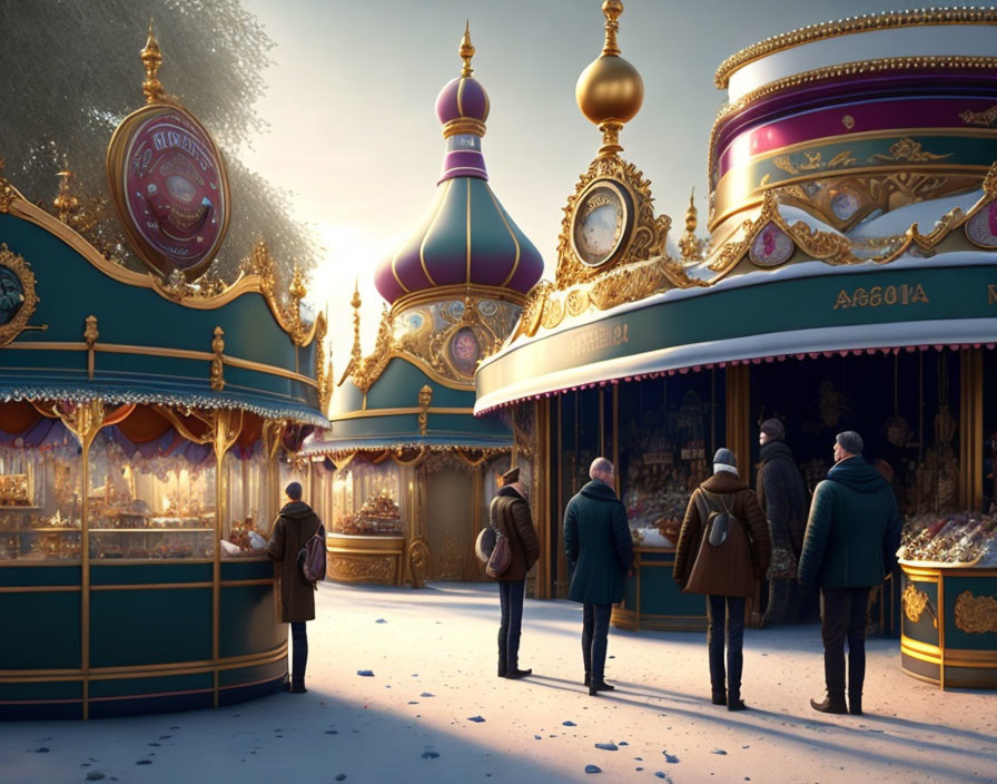 Majestic ornate carousel in snowy scene with visitors in heavy coats