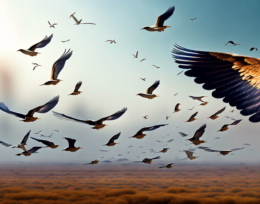 Birds flying over golden field under gradient blue sky