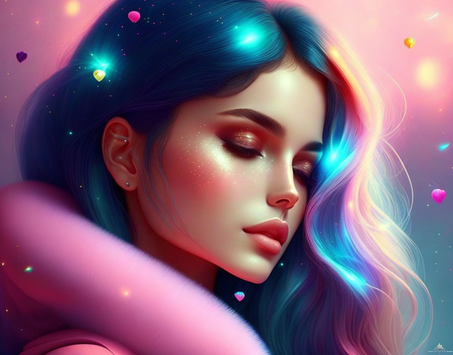 Digital Art Portrait of Woman with Blue and Pink Hair and Glowing Skin