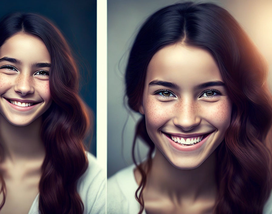 Smiling young woman with freckles in two portraits