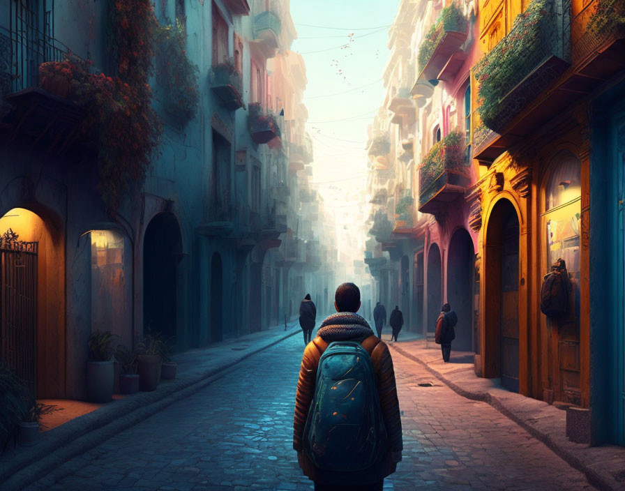 Person walking down colorful sunlit street with pedestrians and old buildings