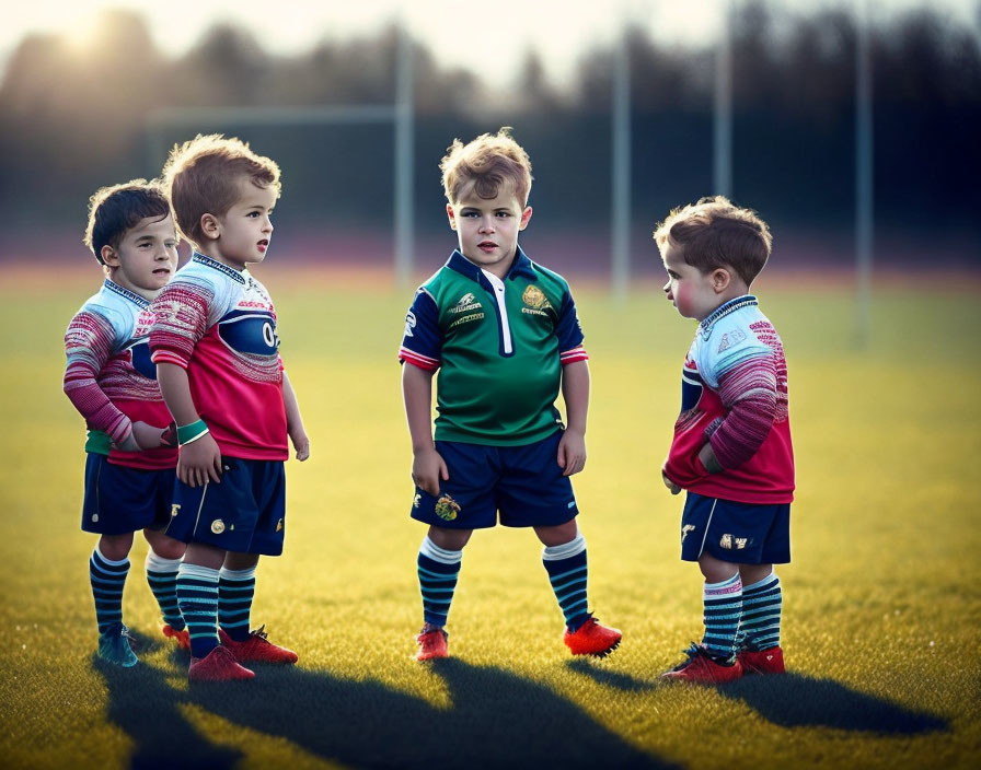 Four boys in colorful rugby jerseys on field with focused expressions