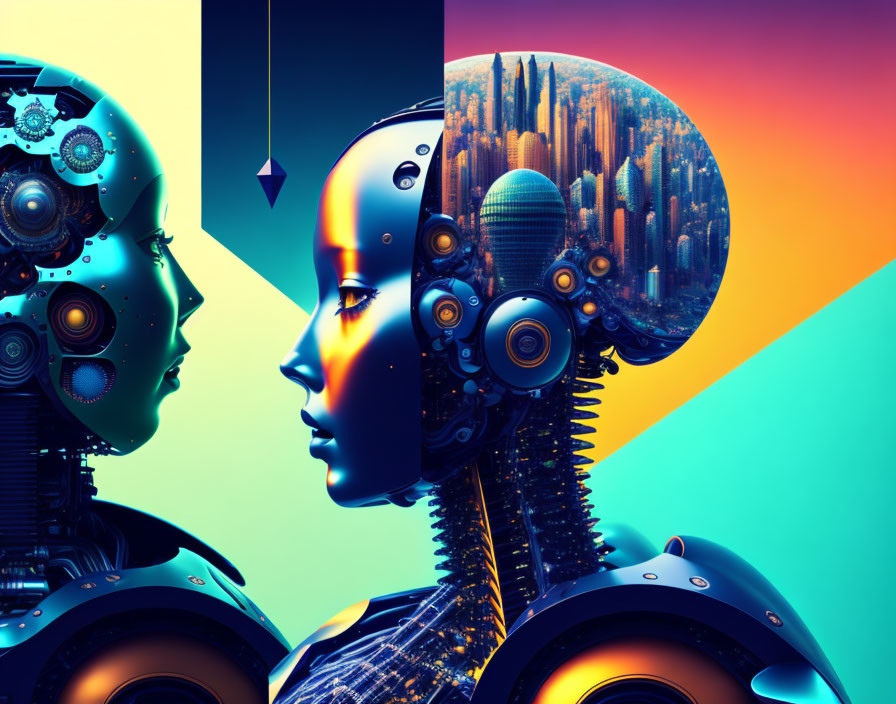 Futuristic robots with cityscape head reveal on vibrant background