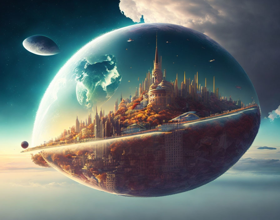 Futuristic spherical city floating above clouds in space