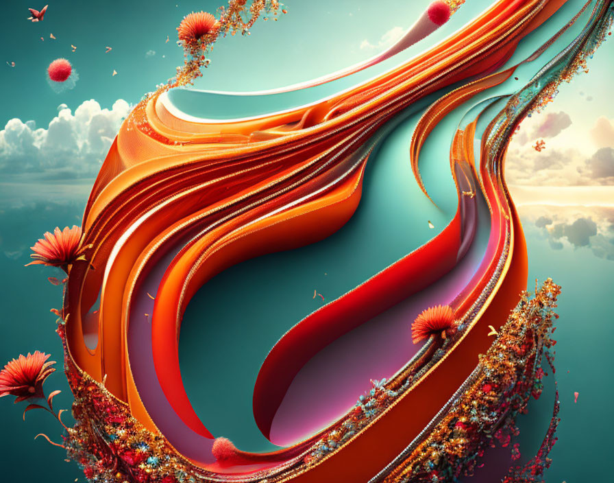 Vibrant orange and red abstract digital art with ribbon-like shapes and floral textures on serene background