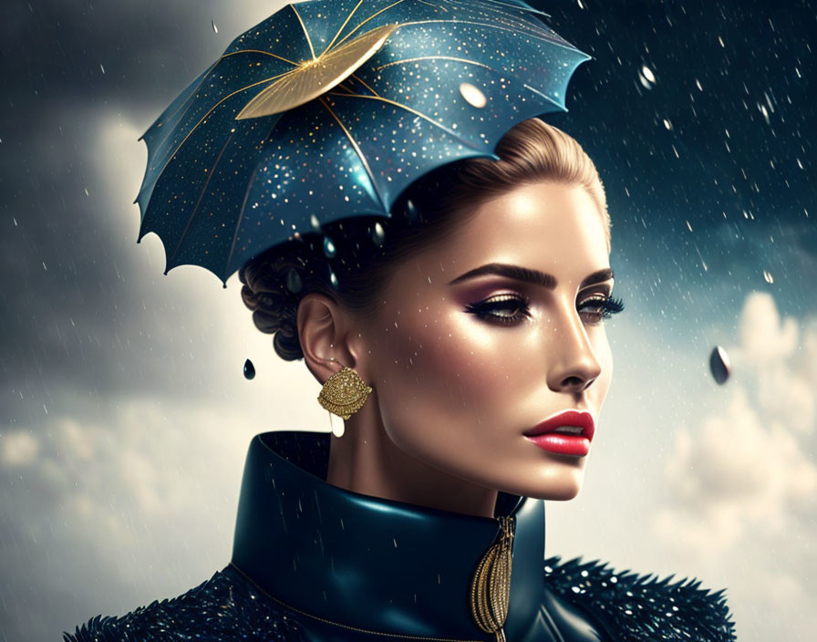 Stylish woman with gold umbrella, dramatic makeup, vintage earrings in snowy setting