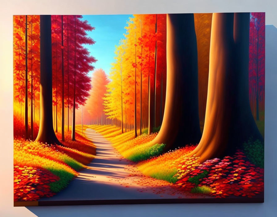 Autumn forest painting: Serene path with vibrant trees and warm light