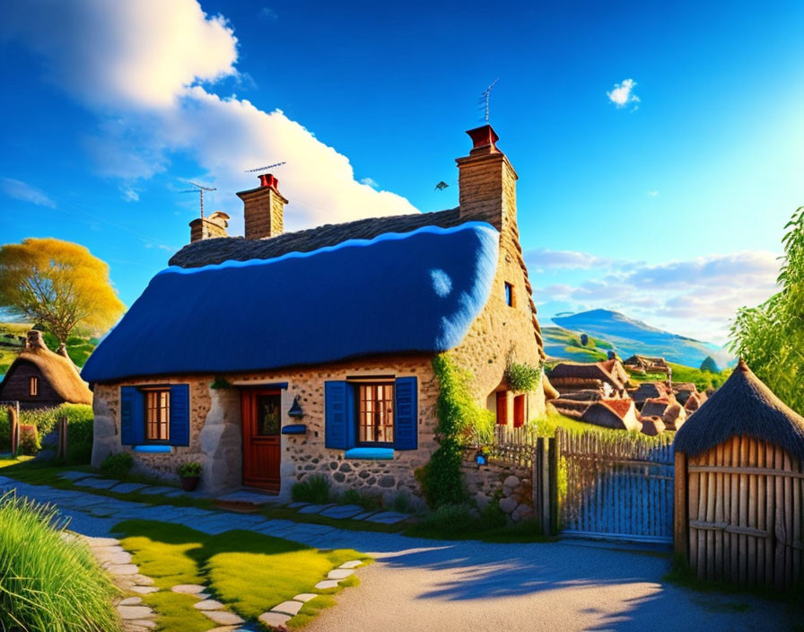 Thatched cottage with blue door, stone chimney, lush green landscape