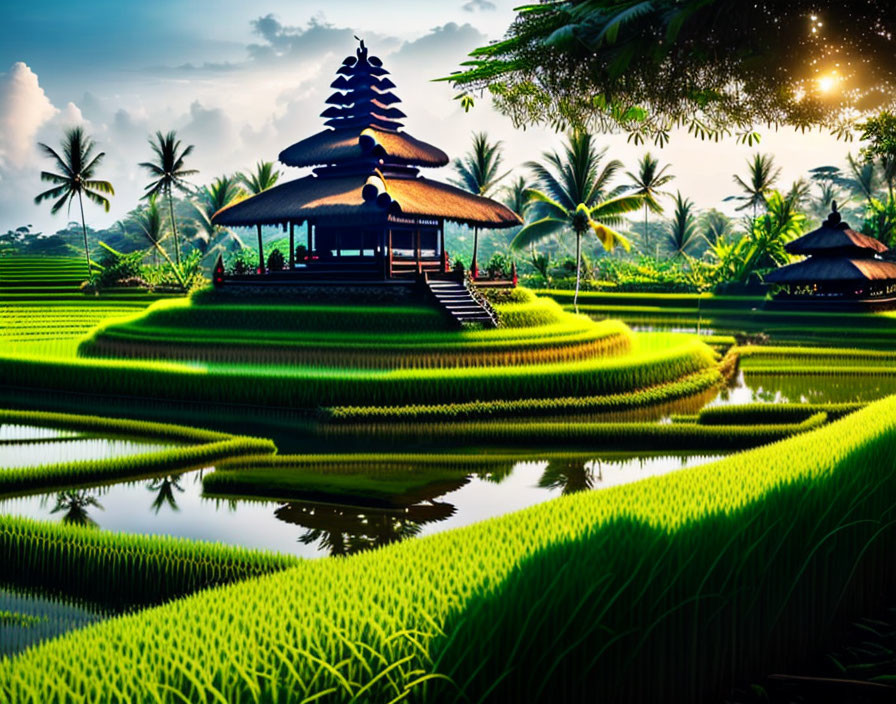 Traditional Balinese Pagoda Surrounded by Rice Paddies and Sun Rays