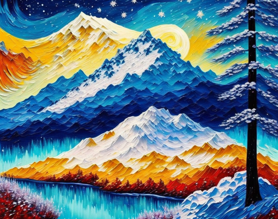 Snowy Mountain Landscape Painting with Textured Strokes, Pine Tree, Stars, and Reflective River