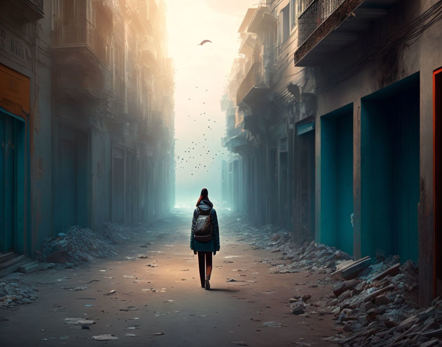 Desolate street scene with person, birds, and misty atmosphere