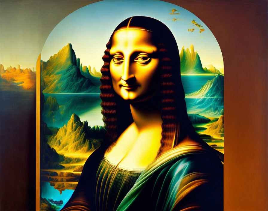 Exaggerated Mona Lisa in Surreal Landscape with Warm Colors