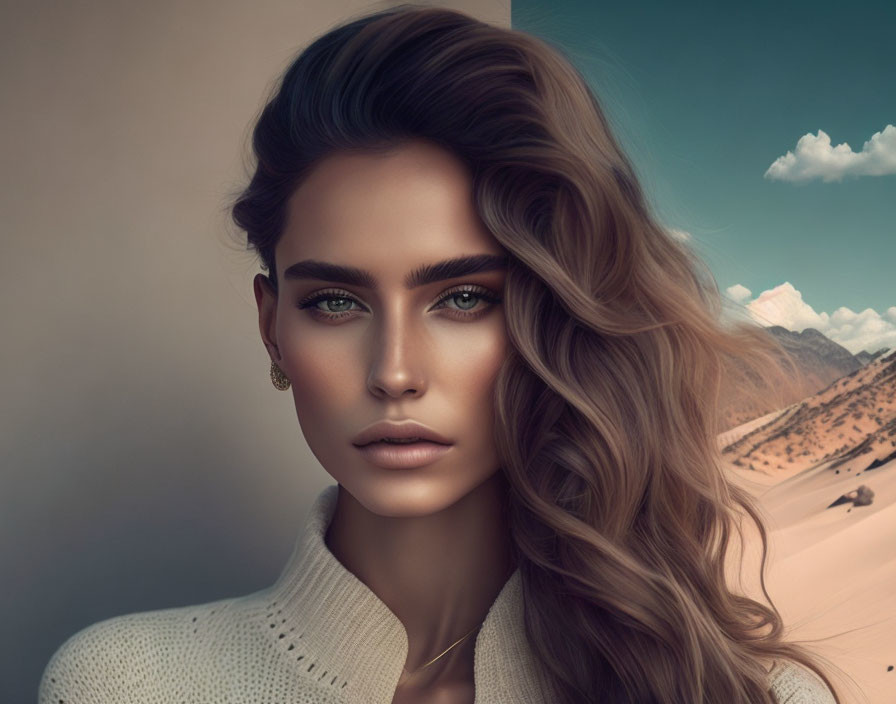 Digital Portrait of Woman with Voluminous Wavy Hair and Blue Eyes in Desert Setting