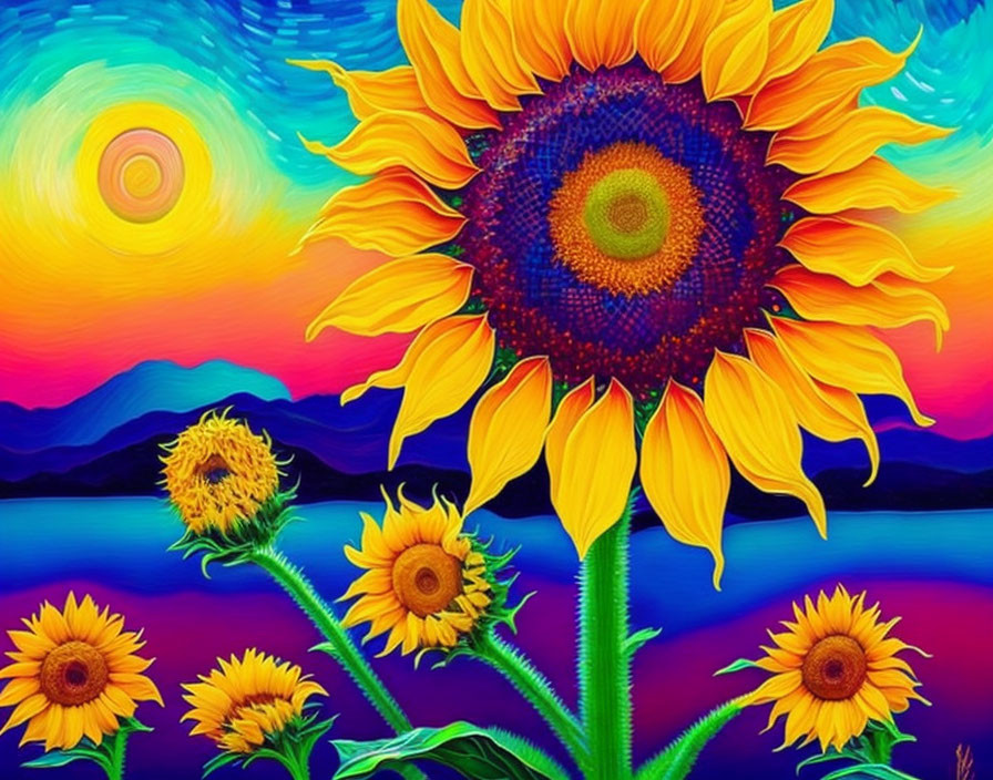 Colorful Sunflower Painting with Swirling Sky and Mountain Silhouette