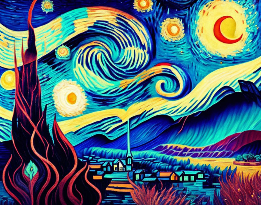 Night Sky Painting with Swirling Stars and Crescent Moon