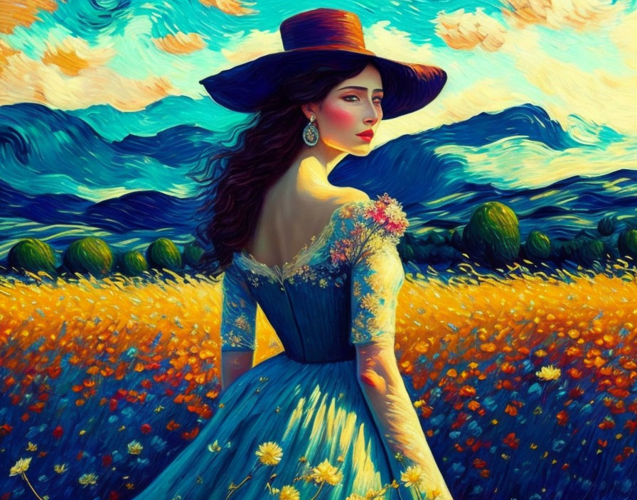 Woman in Blue Dress and Wide-Brimmed Hat in Vibrant Flower Field