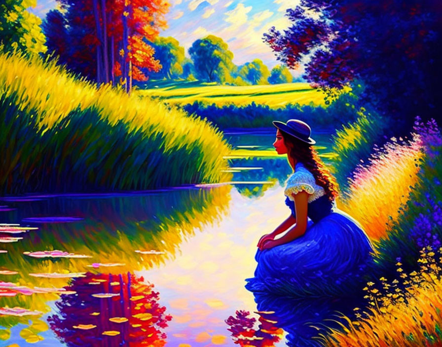 Colorful Painting of Woman by River with Greenery and Flowers