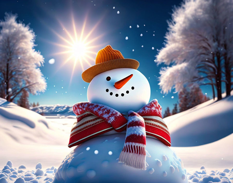 Cheerful snowman with carrot nose, hat, and scarf in snowy landscape